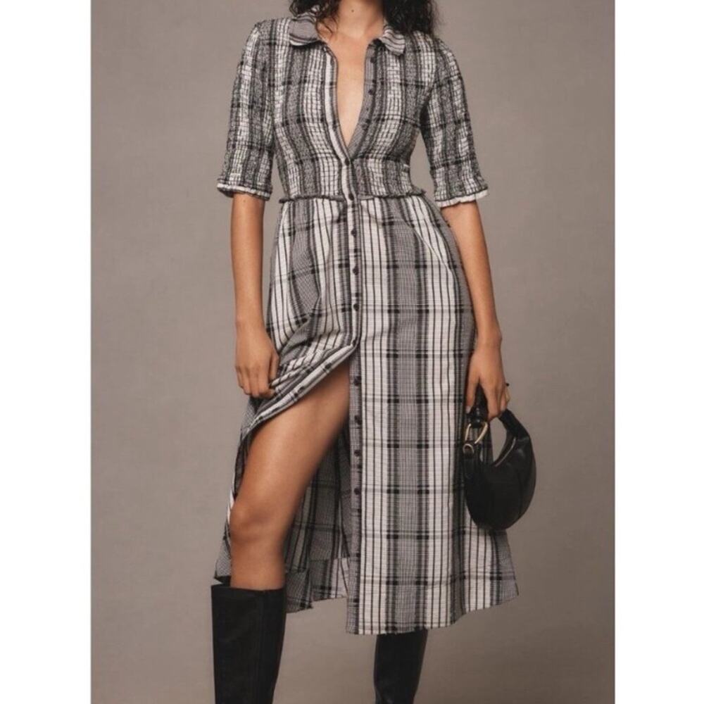 Anthropologie Plaid Smocked Midi Shirt Dress Cotton Blend Black White NWT Sz M